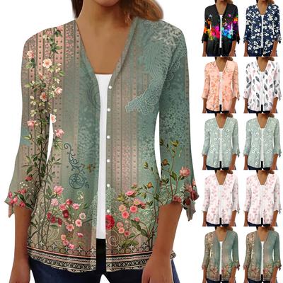 Damesmode Losse Casual Bedrukte Zevendelige Mouw Knoopjes Blouse Cardigan Top
