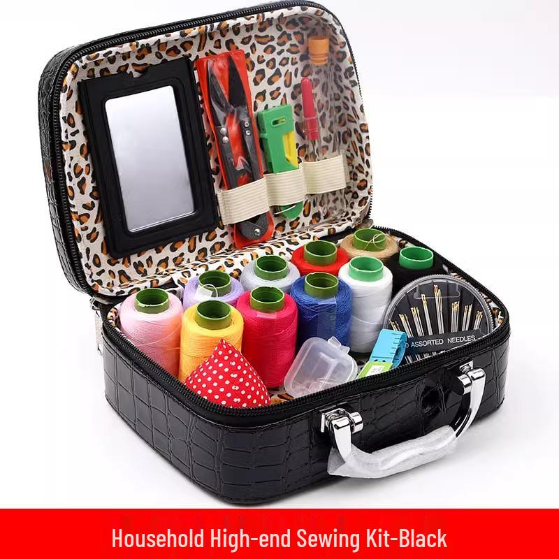 Sewing Kit with Thread, Needle, and Cross-stitch Tools in Solid Wood Pouch
