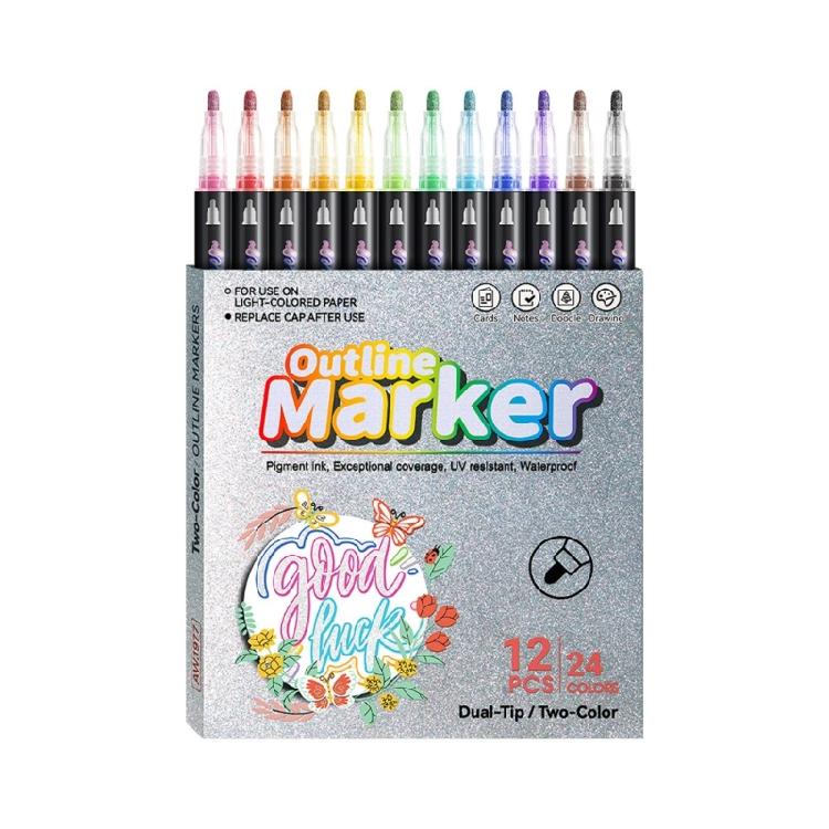 Outline Pen Set, 12Pcs Metallic Outline Marker Pens Gifts Card Writing Double Line Outline Pens Metallic Paint Markers 1