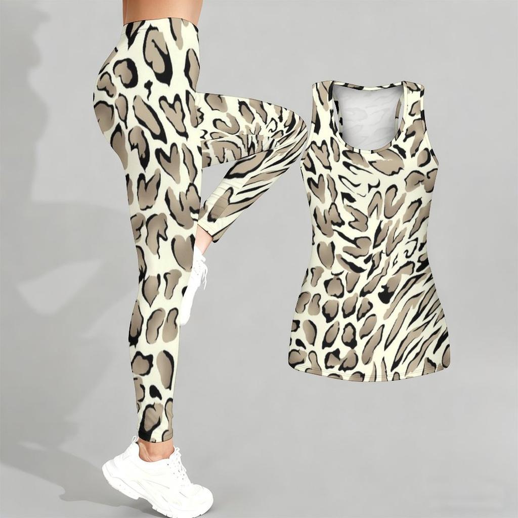 Leopard Print Yoga Outfit for Women Fashion Workout Leggings Fitness Sports Casual Yoga Set Sports Suit