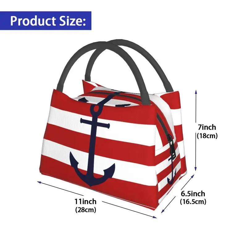 Nautical Navy Blue Anchor On Red Stripes Portable Lunch Box Leakproof Sailing Sailor Thermal Cooler Food Insulated Lunch Bag