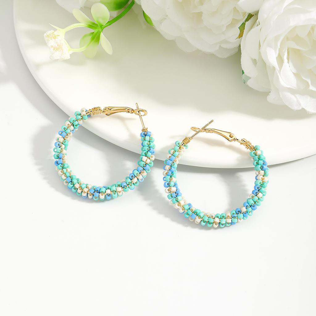 European and American exaggerated fashion handmade rice bead circle earrings colorful simple color matching hand-woven earrings
