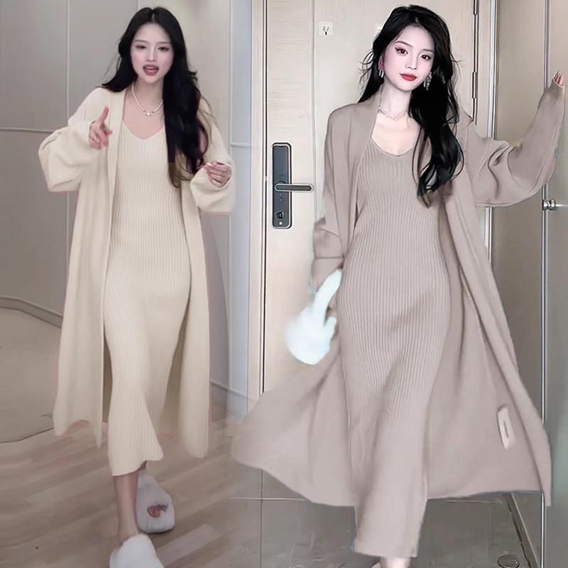 2024 Women's Autumn/Winter Knitted Dress & Sweater Cardigan Two-Piece Set - Medium & Long Lazy Style