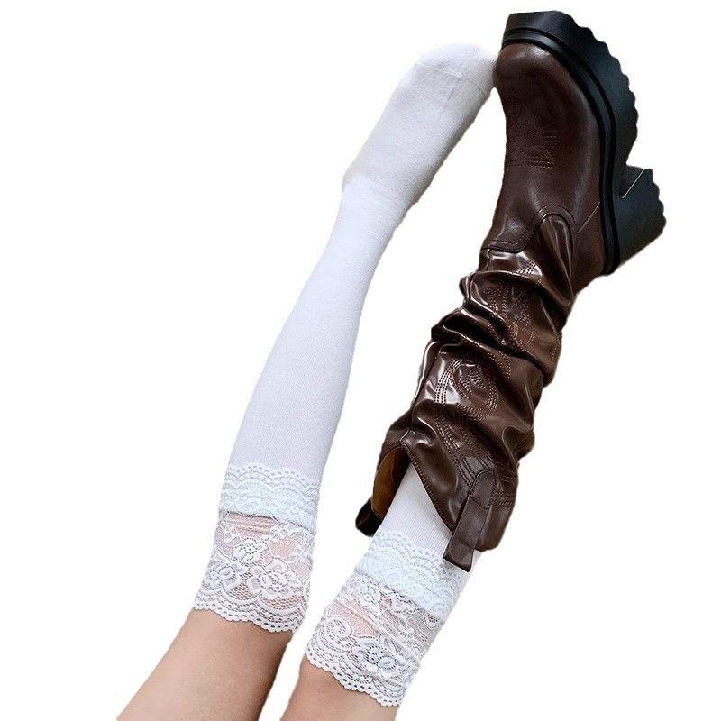 Lace Trim Over-the-Knee Thigh High Stockings with Long Boots - Autumn/Winter Style In White