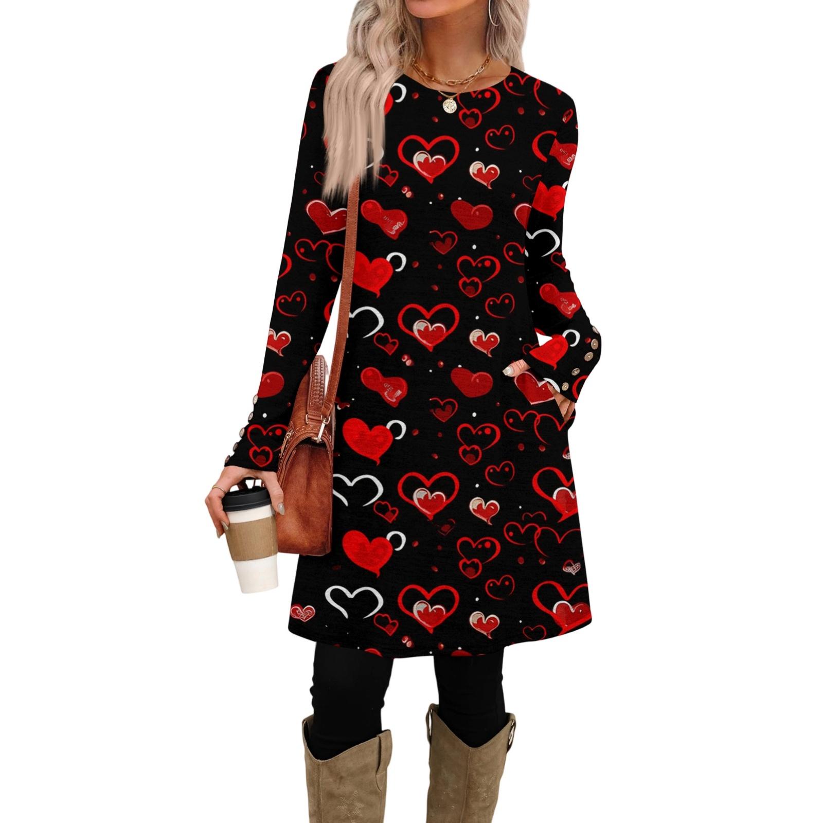 

Women s fashion casual pocket decorative button dress round neck long sleeve printed dress L