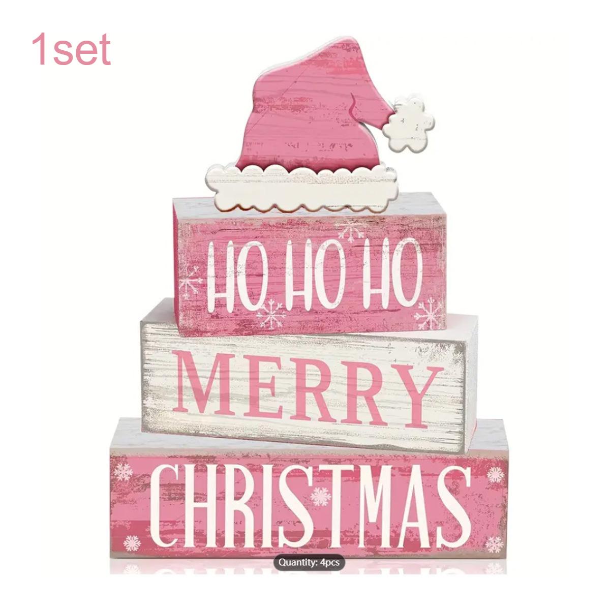 

4pcs Rustic Christmas Decorations - Pink Hat & Snowflake Design, Merry Christmas Text, Farmhouse Table Centerpiece,Home Decor