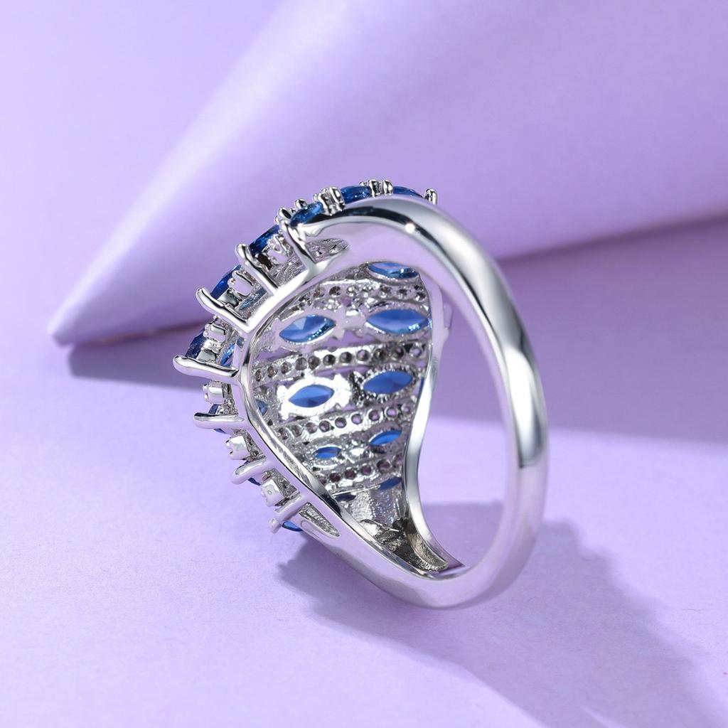Gorgeous Silver Color Inlaid White Blue CZ Women's Ring Geometry Hollow Daily Wear Party Jewelry