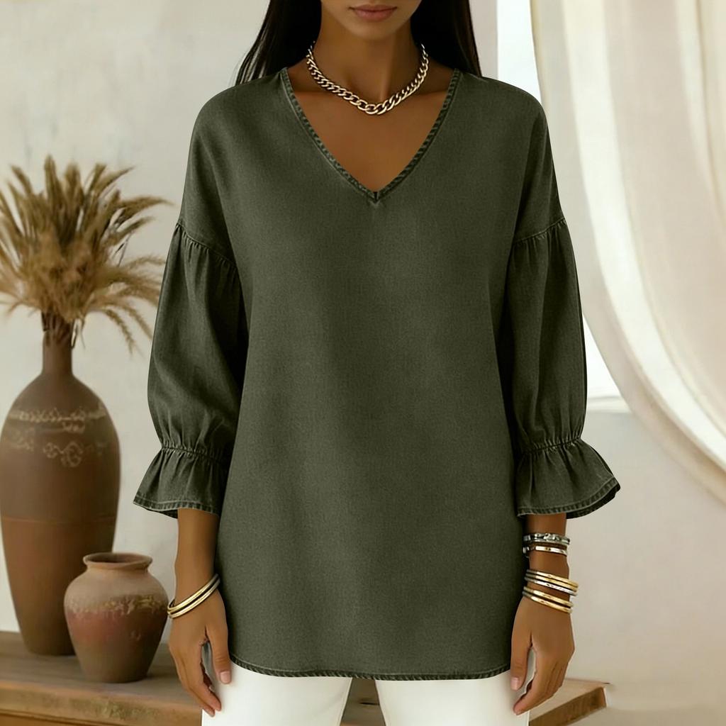 Women's -color Casual Nine-quarter Sleeve Retro V-neck Shirt