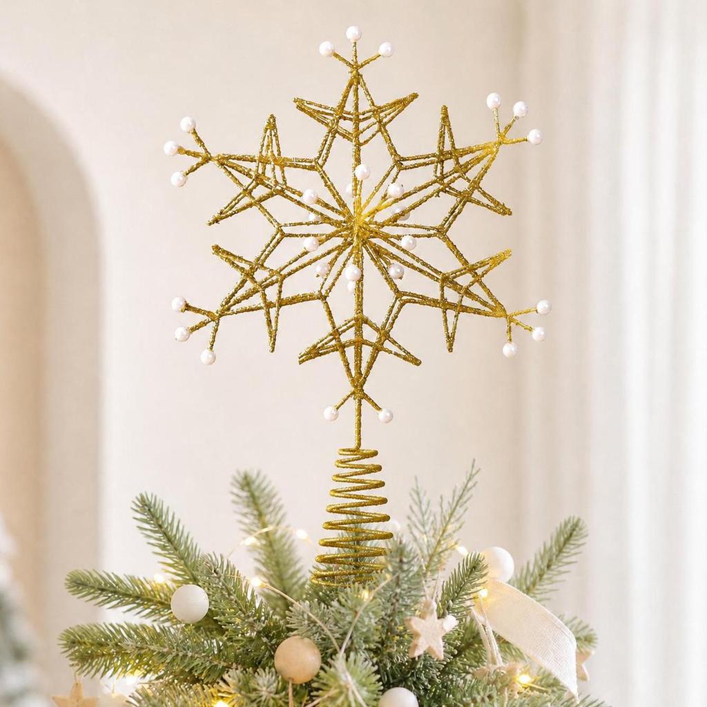 Wrought Iron Snowflake Pearl Star Christmas Tree Topper Ornament