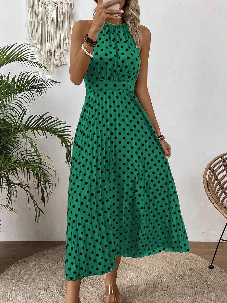 European and American Women's Clothing Spring and Summer Fashion Printing Polka Dot Round Neck Long Dress Women's Dress