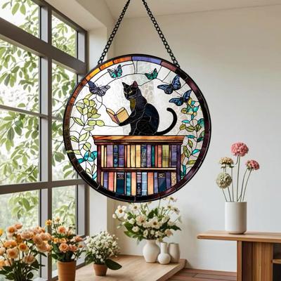 Halloween Reading Ghost Suncatcher Hanging Decoration Black Cat Stained Glass 2D Flat Acrylic Indoor Outdoor Wall Window Hanging Sign Ornament