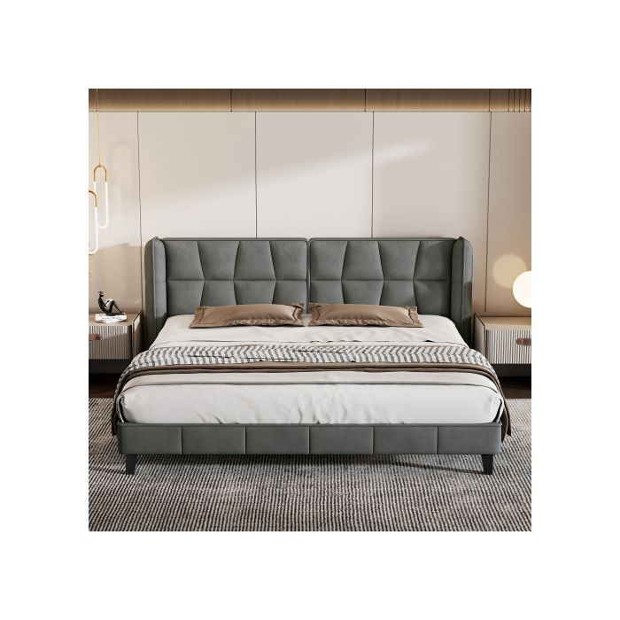 Lit rembourré - MUVOE - 180x200 cm - Tête de lit confortable - Velours gris - 2 places