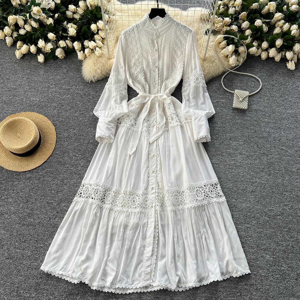 Harajuku Stand Collar Lantern Sleeve Lace Mujer Lace Up Mid-length French Style Dresses Patchwork Hollow Out Robe