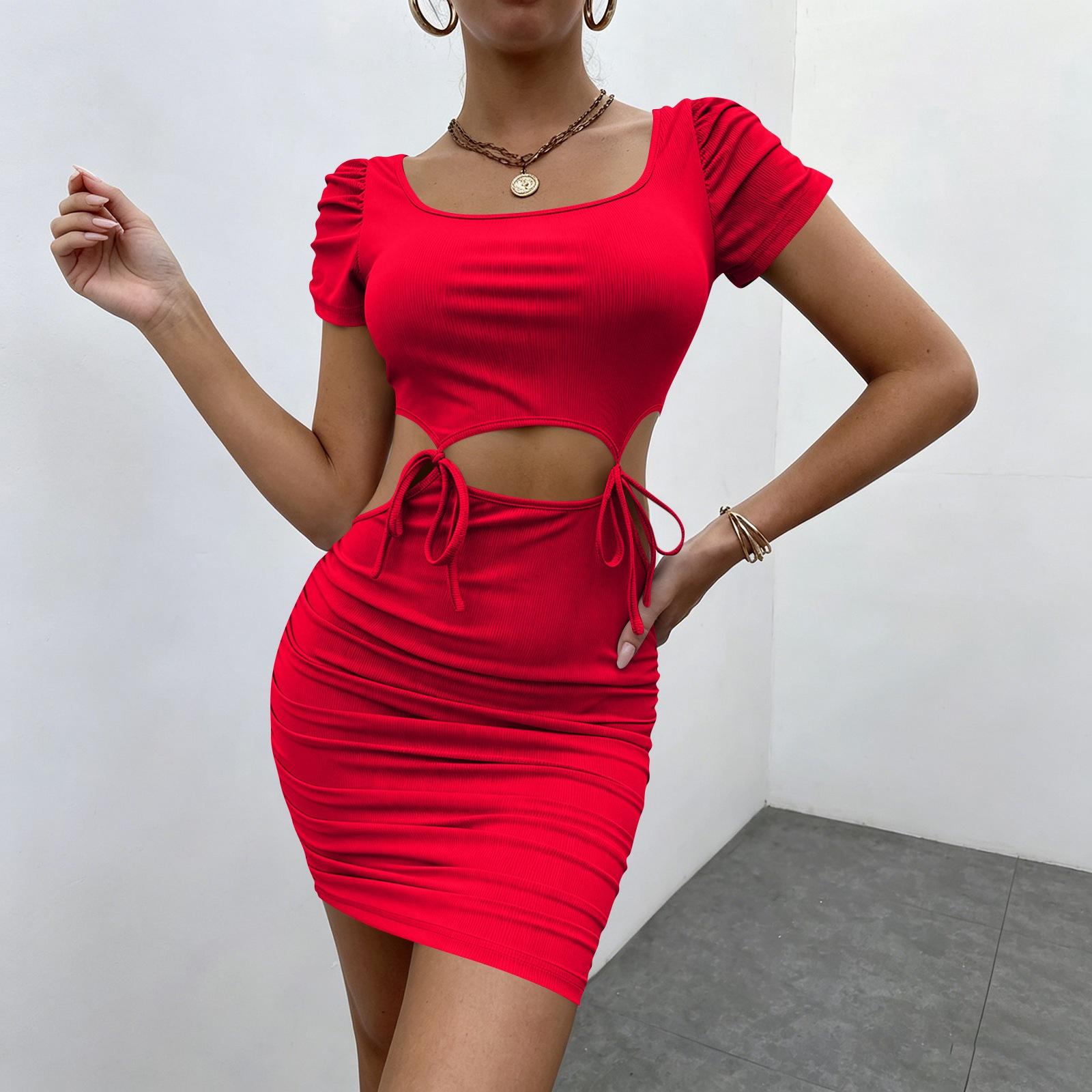 

Женское мини-платье bodycon с квадратным вырезом, короткими рукавами, боковым вырезом и регулируемым завязыванием, облегающий силуэт L красный