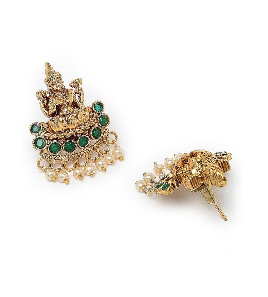 Sparkling Indian Temple Gold Plated Green Beads Choker Necklace Set With Studs Earring | Jewellery Set For Women