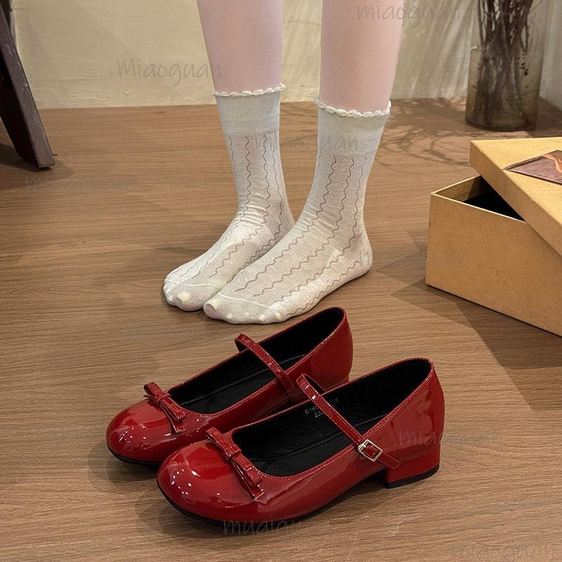 Niedrige Absatz Damen Mary Jane Schuhe PU Leder Schöne Schleife Lolita Schuhe Schnallenriemen Runde Spitze Elegante Pumps Zapatos De Mujer