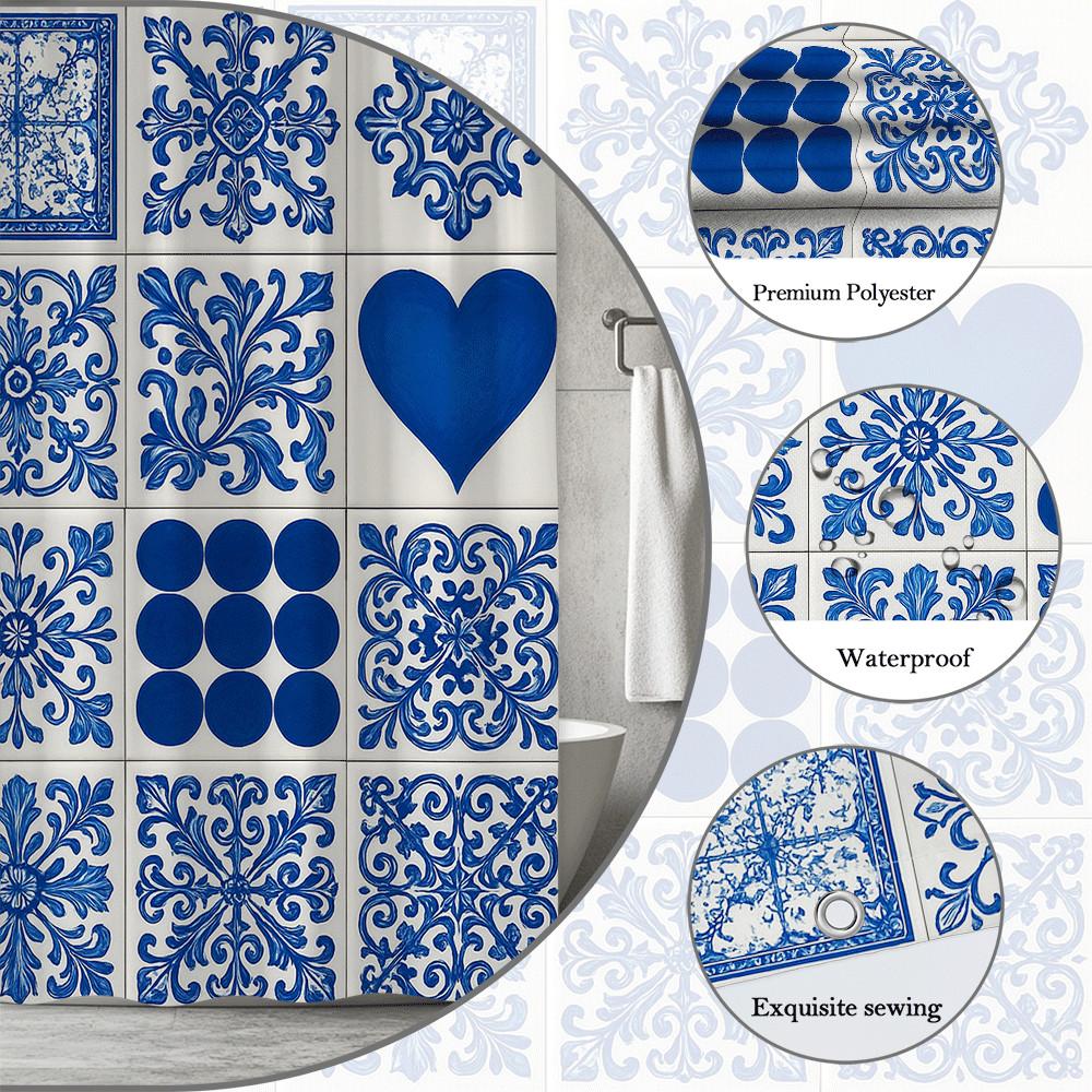 Blue White Tile Pattern Shower Curtain Machine Washable All Season Waterproof Privacy Protection Mediterranean Design Elegant