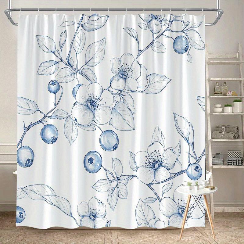 

1Pc Blue Floral Plant Shower Curtain, Polyester Fabric, Machine Washable, With Hook, Suitable For Bathroom Decoration W60H190(CM)-1 Pcs