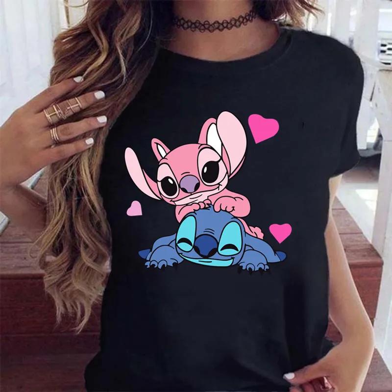 New Fashion FeUnisex Clothing Cartoon Disney Stitch Womens Tshirt Summer Short Sleeve Black Tops