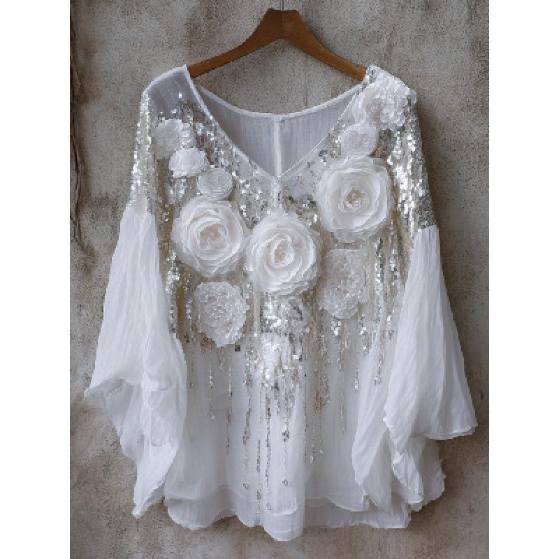 Camicetta da Donna Scollo a V Manica Lunga Vestibilità Regolare Casual Stampa Floreale Camicia Boemia