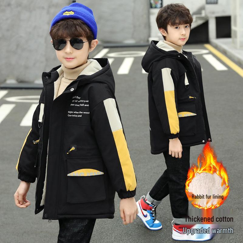 Boy's Plus Velvet Parka - New 2025 Autumn/Winter Cotton Jacket, Medium/Large Sizes, Thickened Windbreaker