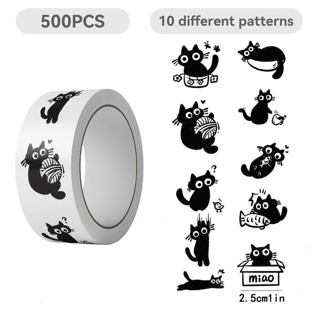 1roll/500Pcs Healing Black Cat Stickers Creative Graffiti Gift DIY Handmade Album Scrapbooking Decorative Paper Supplies