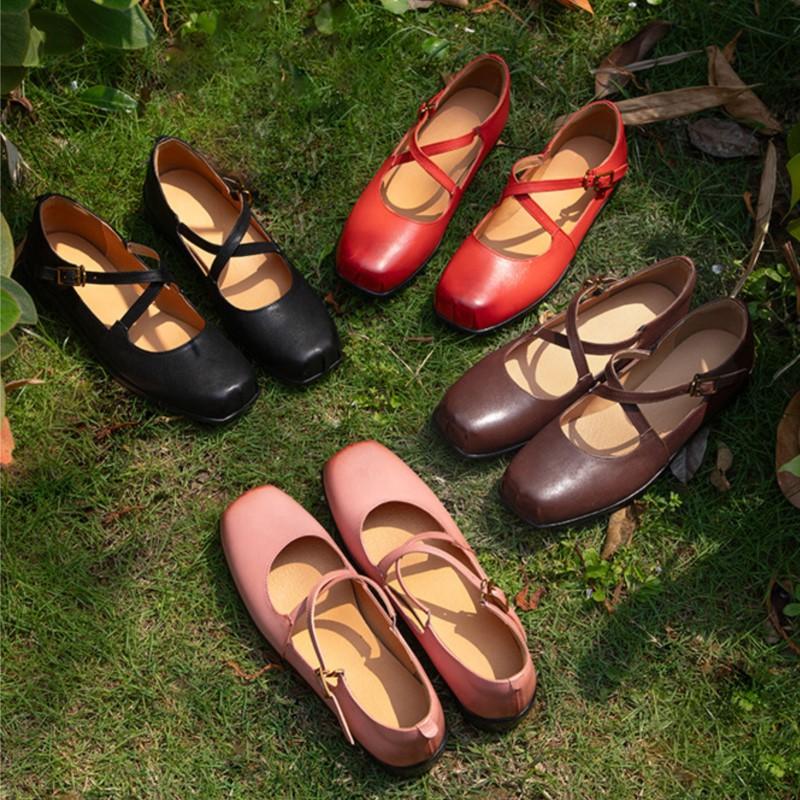 Johnature Genuine Leather Square Toe Mary Janes Shoes Retro Soft Sole Comfortable Buckle Women's Shoes