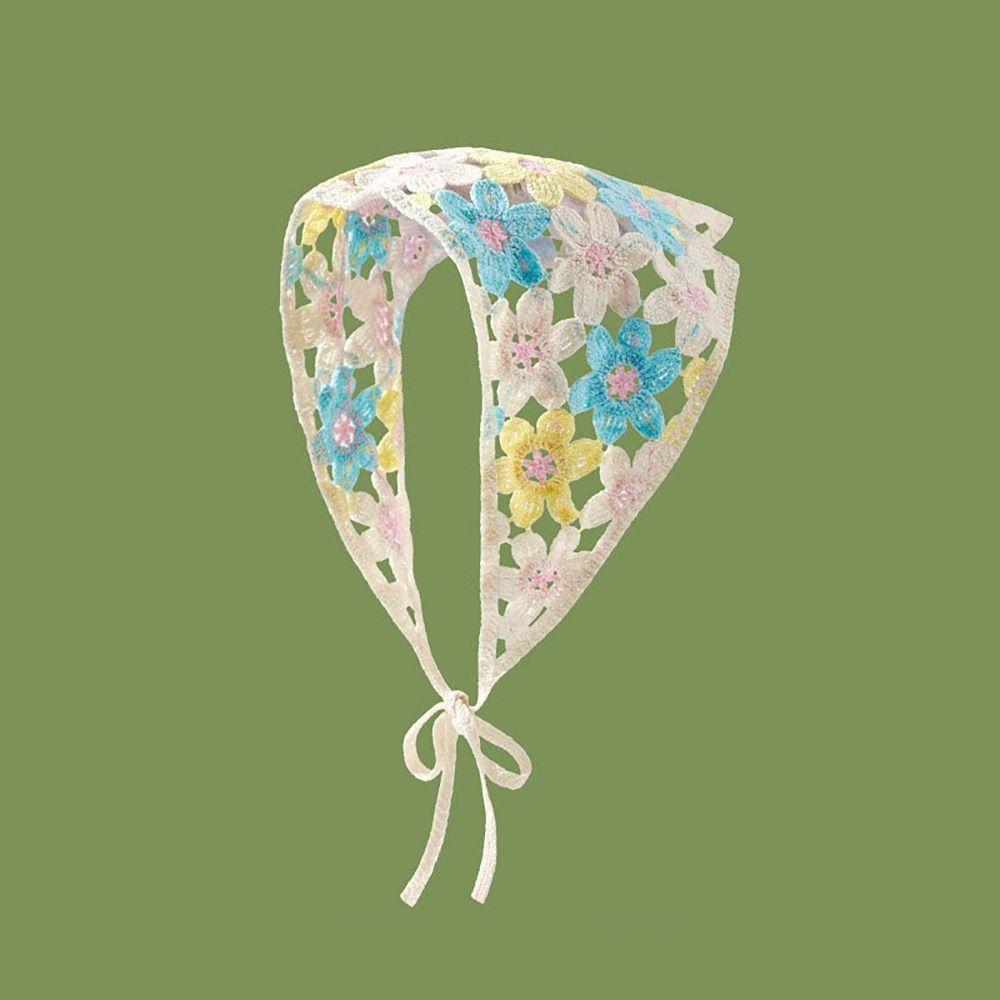 French Pastoral Style Triangle Headband Handmade Crochet Little Flower Headscarf Hat Knitted Color Contrast Girls Headband Towel