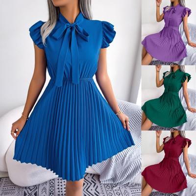 Spring Summer A Line Casual Dresses Women Lace Up Waist Pleated Office Lady Dress Elegant Ruffled Solid Loose Dress Female Clothing 24114