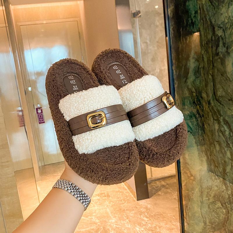 2025 new wool shoes women's winter wear soft-soled slippers lamb wool belt buckle velvet warm women's shoes