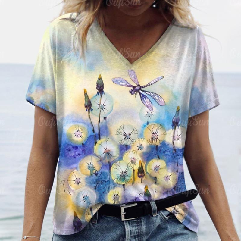 Women Short Sleeves V-Neck T-Shirt Oversized Beautiful Clothing Loose T Shirt Clothing Woman Flowers Print Top Pullover Outdoor