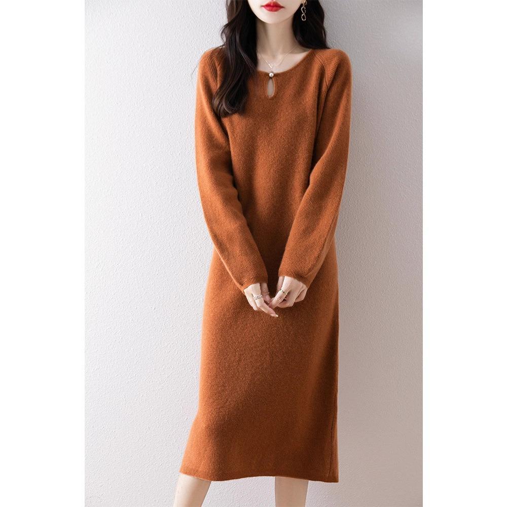 Knitted Straight Dress for Women Long-sleeved Casual Long Sweater Dress Solid Color Round Neck Pullover for Autumn and Winter