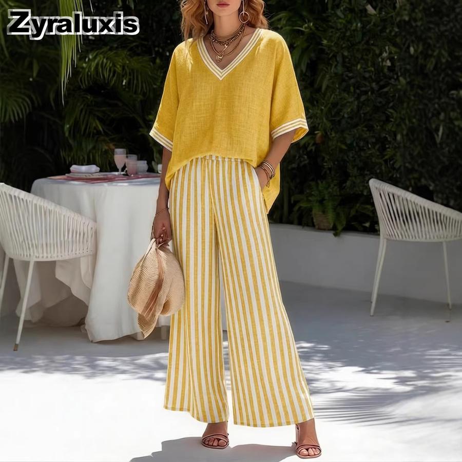 Women's V-Neck Top & Straight Leg Striped Casual Pants Set