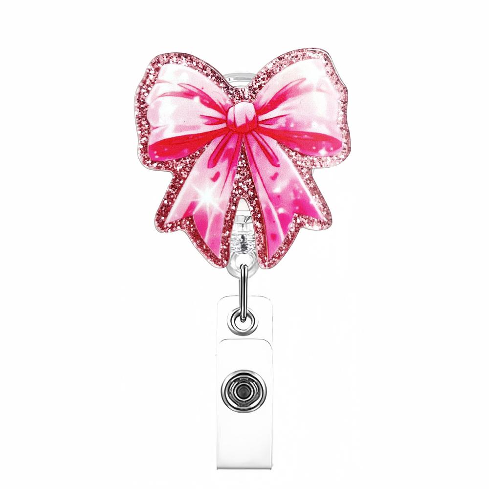 Bow Cherry Acrylic Badge Holder Sparkling Powder Medical Theme Retractable Pull Badge Reel Id Lanyard Name Tag Card Badge Holder