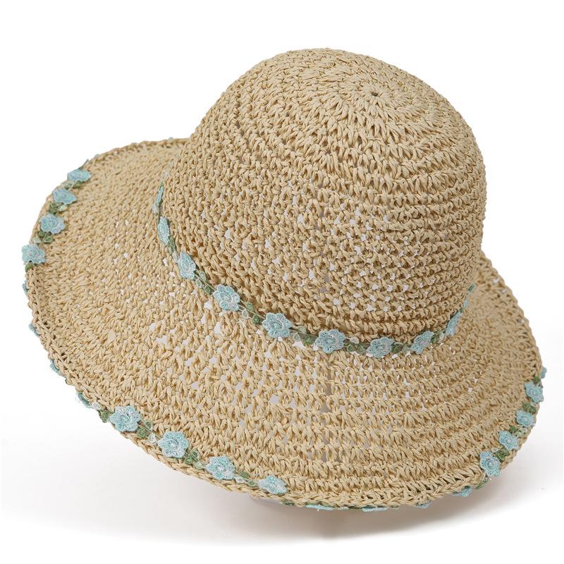 Idyllic Weaving Small Flowers Fisherman Straw Hat Woman Summer Seaside Photo Beach Sun Protection Sun Shade Hat