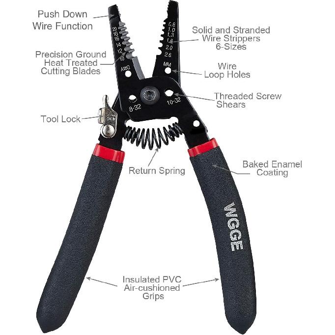 WGGE WG-013 Wire Stripper and Cutter 7'',Cuts, strips wire and loops 10-20 AWG Solid and (0.8-2.6mm) Stranded
