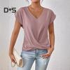 Damen-Oberteile, V-Ausschnitt, kurze Ärmel, T-Shirt mit Falten-Design, einfarbig, lockere Passform, kreuzgefaltete Oberteile, für den Alltag