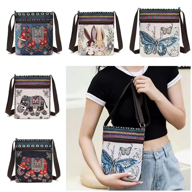 Retro Ethnic Style Shoulder Bag Canvas Embroidered Phone Crossbody Messenger Bag Travel Outdoor Casual Simple All-Mastch Women Small Bag