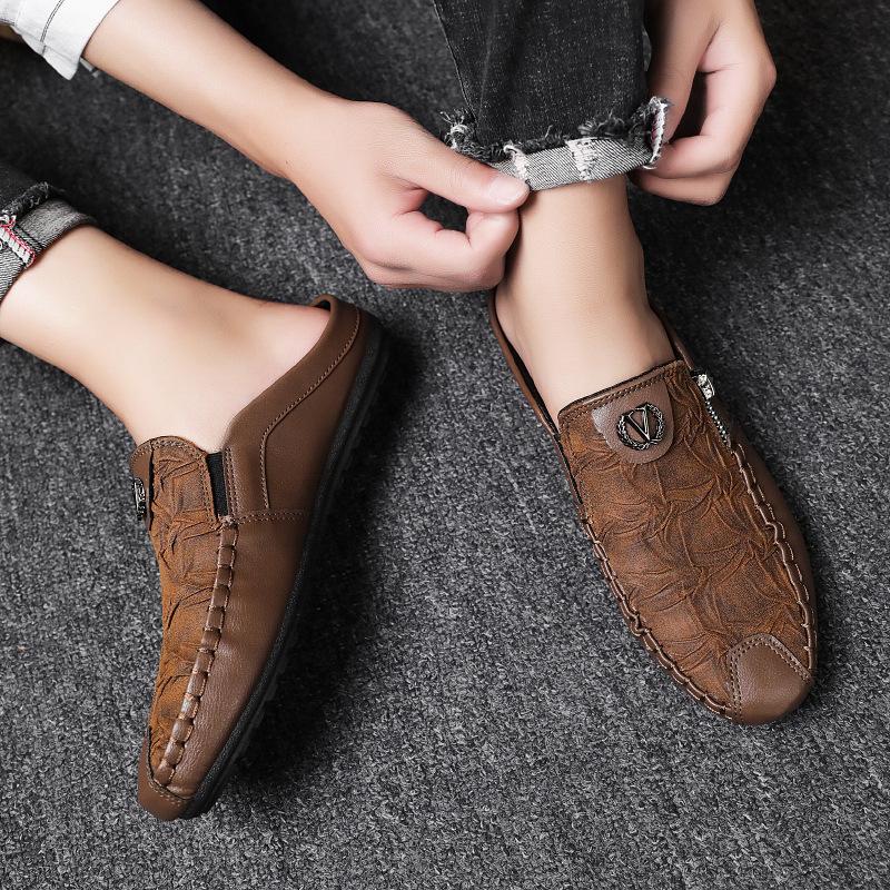 Men's Retro Leather Slip-On Driving Shoes with Zipper