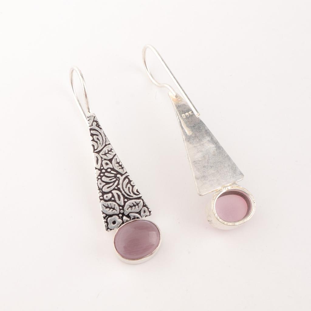 Natural Purple Cat's Eye Gemstone 925 Fine Silver Jewelry Handmade Earrings 1.9" EE-165-41