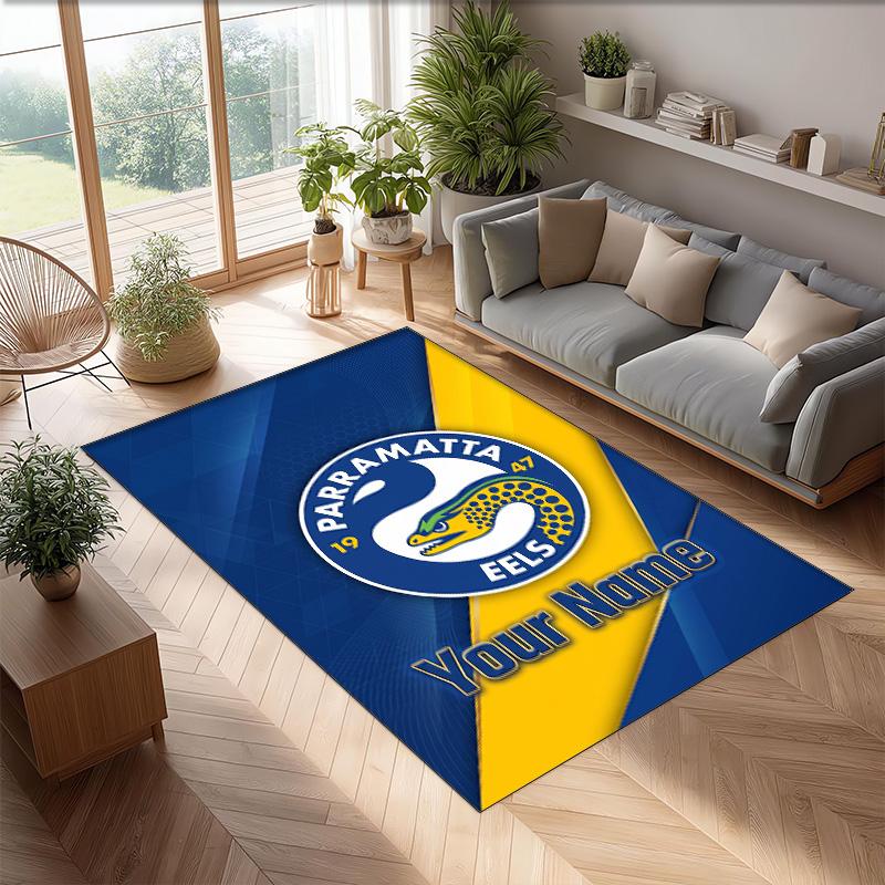 Parramatta Eels Crystal Velvet Rug, Custom Name Text Personalized Non‑Slip Floor Mat for Home Decor Gift