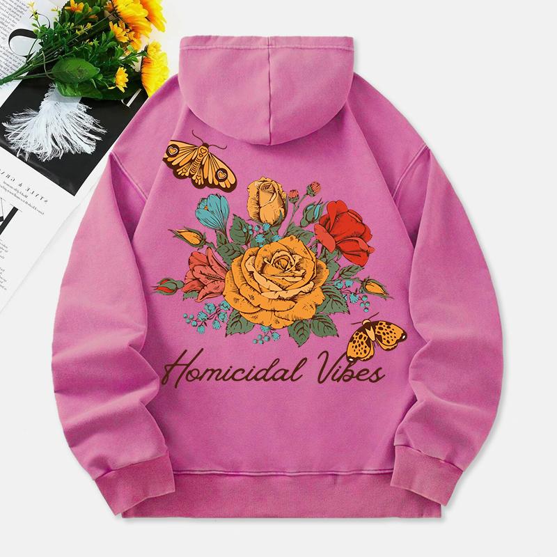 Butterflies And Flowers Washed Hoodie Womens Vintage Print Cotton Pullover Distressed Pocket Oversize Hoody Clothes