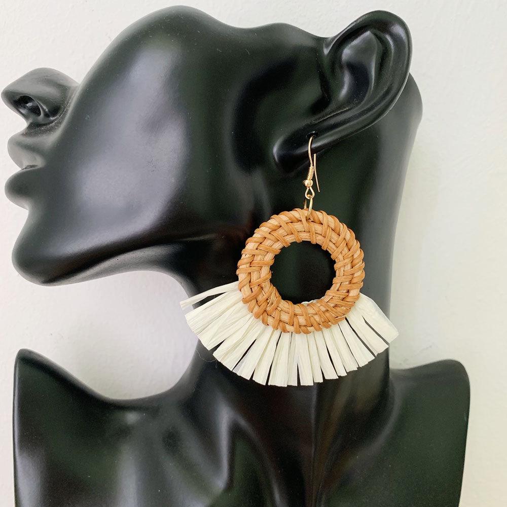 Korean Resort Style Handmade Rattan Raffia Straw Dangle Earrings with Ear Clips