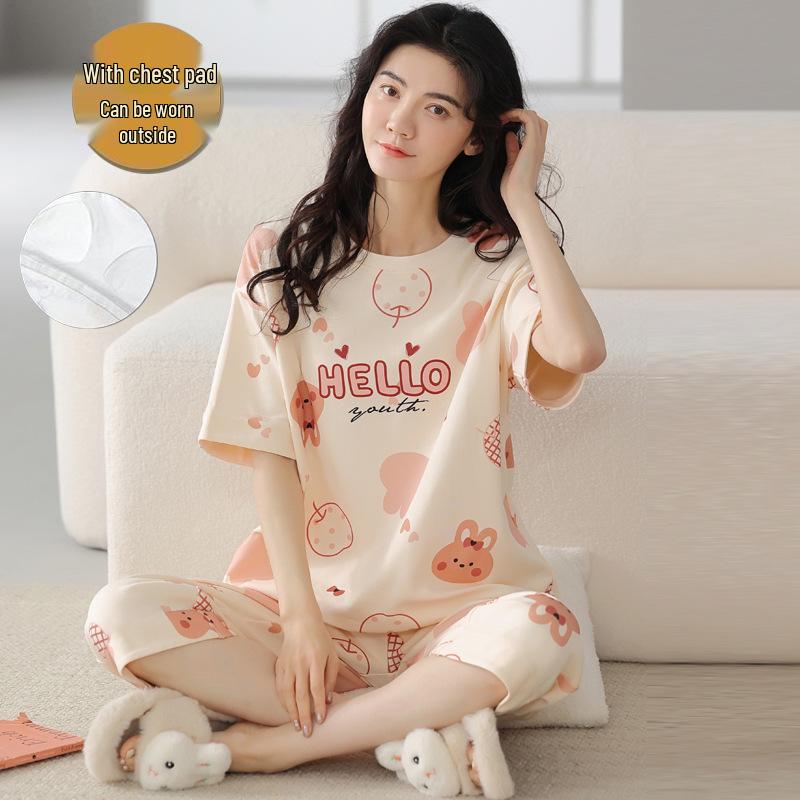 2026 Women's Summer Pajama Set: Short-Sleeved Top & Three-Quarter Pants, Plus Size, Lightweight, Chest Pads, Wearable Outdoors