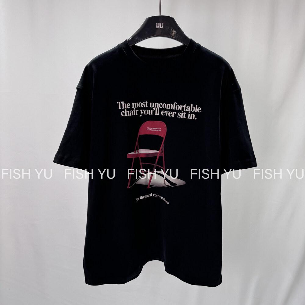 Early Spring Retro Folding Chair Print Loose T-shirt One Size чёрный