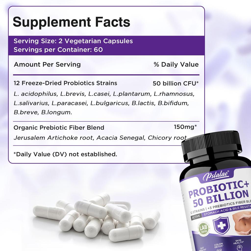 Probiotic 50 Billion CFU Enzyme Supplement, Capsule, 12 Strains with 3 Prebiotics, Digestive Health Support