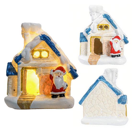 Vánoční Mini Sněhový Domeček Figurka LED Osvětlená Miniaturní Chata Dekorace Malá Pryskyřičná Zimní Vesnička Ozdoba pro Vánoční Scénu Stolní Dekorace