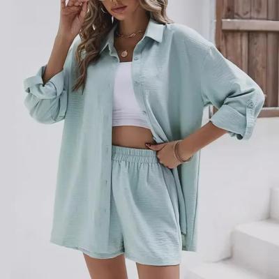 2023 Frühling Damen Unifarbene Langarm-Revershemd & High-Waist-Shorts Set