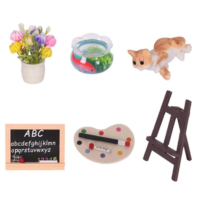 

6Pieces Miniature Accessories with Detailed FishTank Easel and Cats Model Figurine for 1/12 Doll House Scene Enhancement зелений