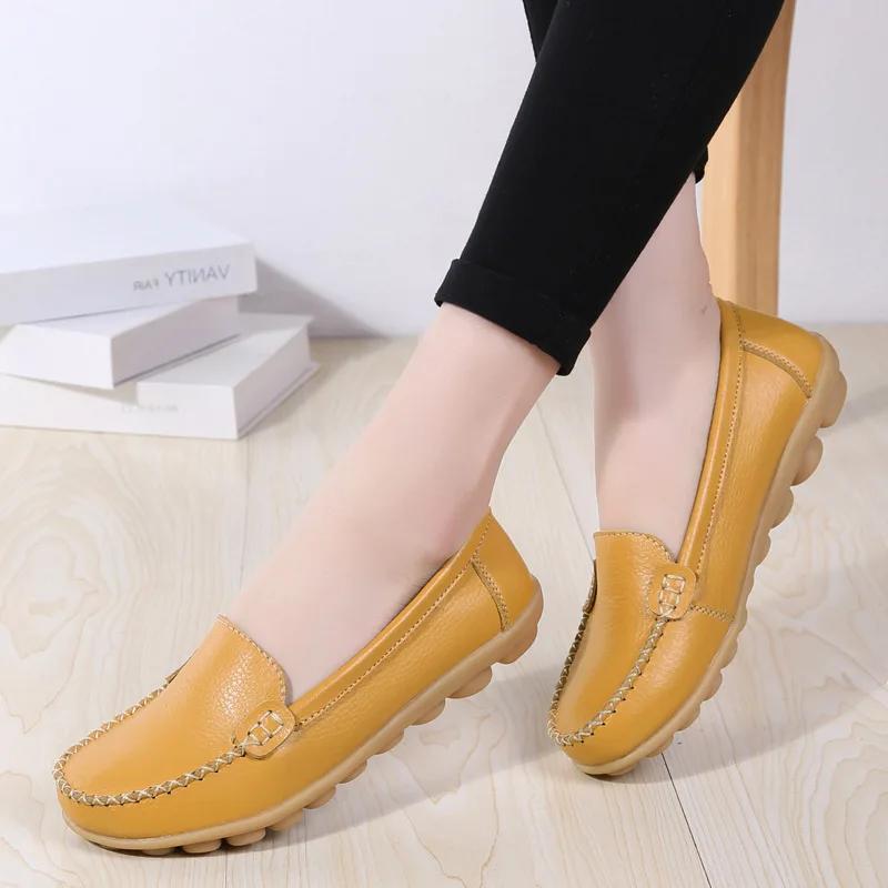 Genuine Leather Shoes Woman Soft Boat Shoes for Women Flats Shoes Big Size Ladies Loafers Non-Slip Sturdy Sole